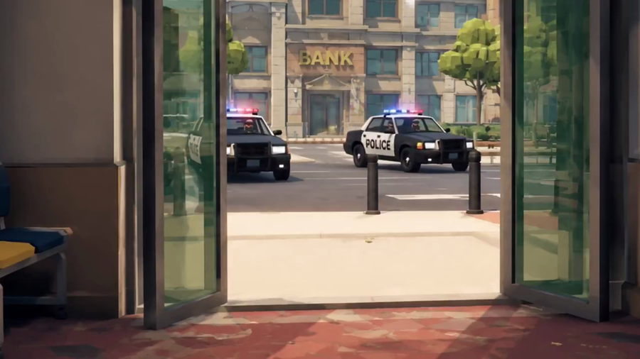 Police cars swarming the bank exit