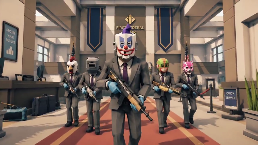 A masked crew geared up in a bank lobby